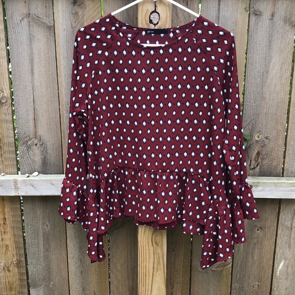 Gibson Bell Sleeve Ruffle Hem Blouse - Picture 2 of 9
